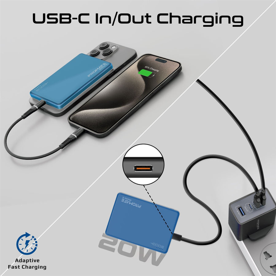 Promate BLADE-5-BL - 5000mAh Ultra-Slim Wireless Charging 15W MagSafe PowerBank 20WPD USB-C In/Out Port Smart
