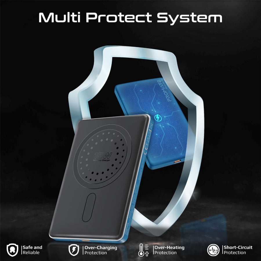 Promate BLADE-5-BL - 5000mAh Ultra-Slim Wireless Charging 15W MagSafe PowerBank 20WPD USB-C In/Out Port Smart