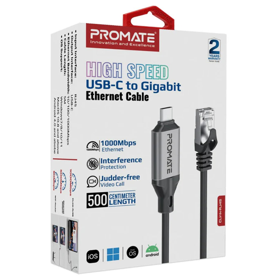 Promate CLINK-RJ45 - 5m USB-C to RJ45 High-Speed 1Gbps Ethernet Cable. Premium Aluminium Alloy