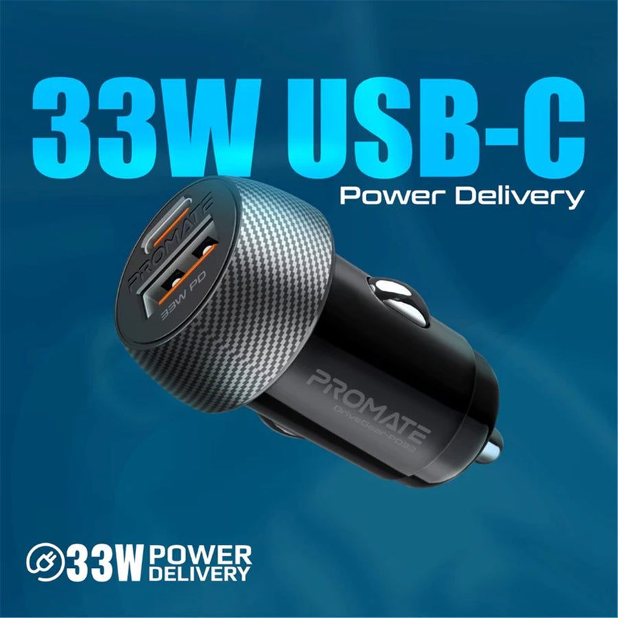 Promate DRIVEGEAR-PD33 - 33W Ultra-Fast Dual Port Compact In-Car Phone Charger. 1x 18W QC 3.0 USB-A Port