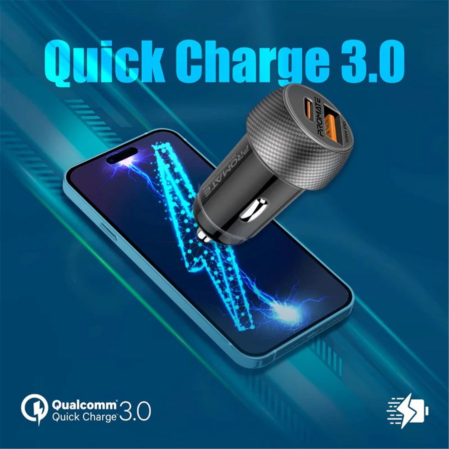 Promate DRIVEGEAR-PD33 - 33W Ultra-Fast Dual Port Compact In-Car Phone Charger. 1x 18W QC 3.0 USB-A Port