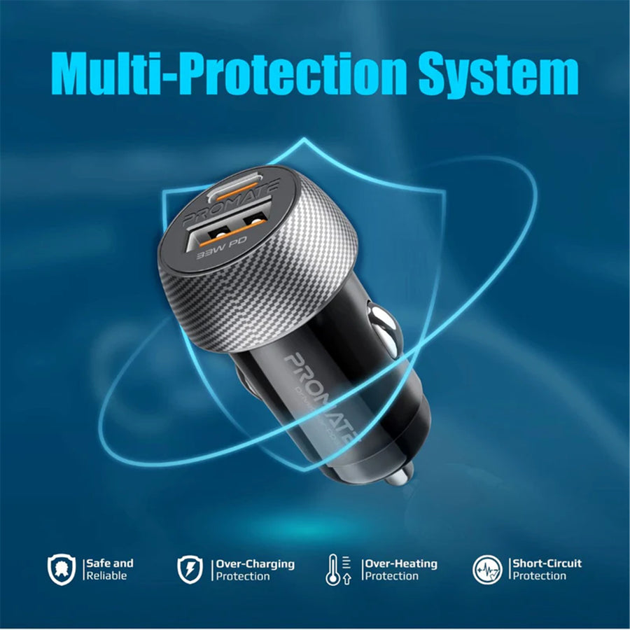 Promate DRIVEGEAR-PD33 - 33W Ultra-Fast Dual Port Compact In-Car Phone Charger. 1x 18W QC 3.0 USB-A Port