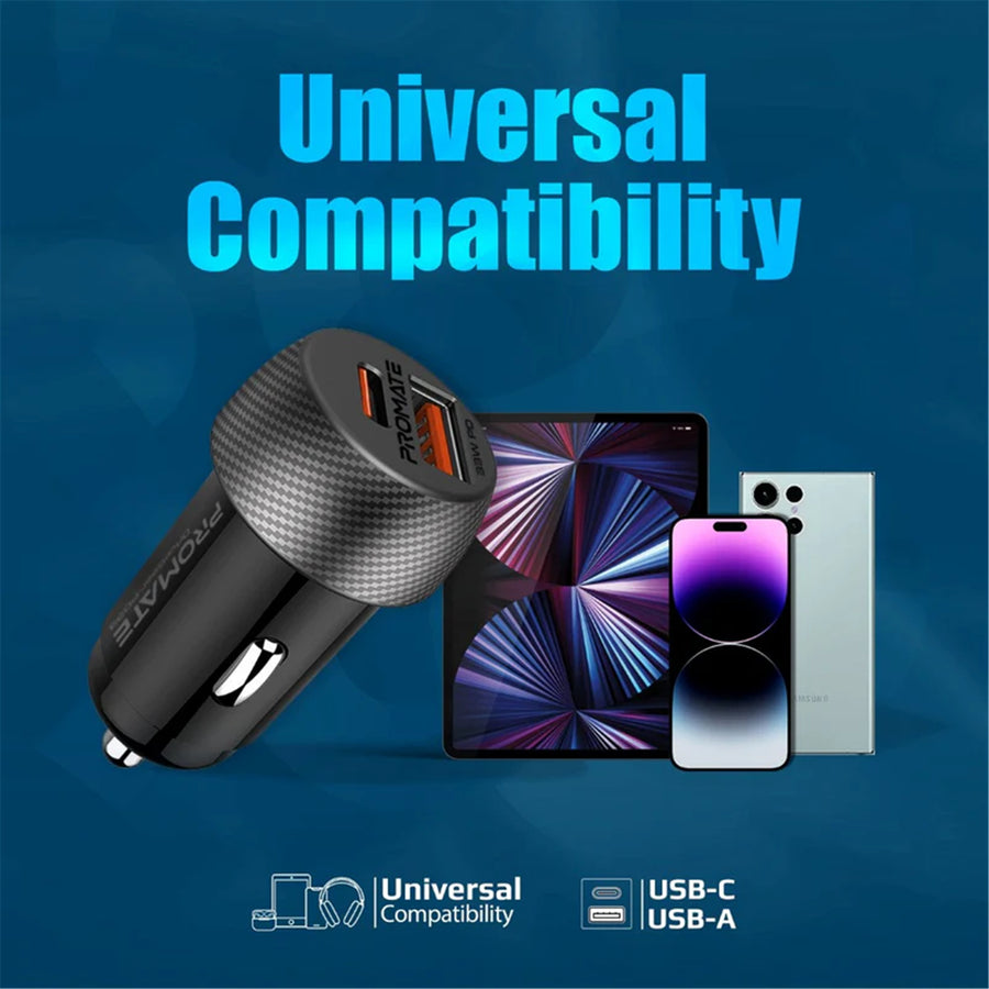 Promate DRIVEGEAR-PD33 - 33W Ultra-Fast Dual Port Compact In-Car Phone Charger. 1x 18W QC 3.0 USB-A Port