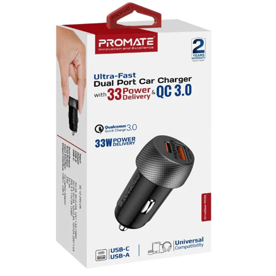 Promate DRIVEGEAR-PD33 - 33W Ultra-Fast Dual Port Compact In-Car Phone Charger. 1x 18W QC 3.0 USB-A Port