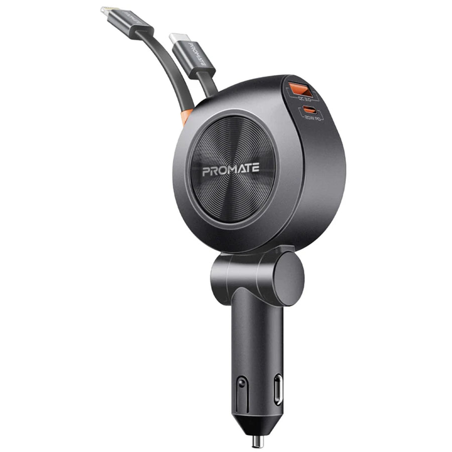 Promate DRIVEGEAR-R2 - 88W Multi-Port Incar Phone Charger w/ Dual Retractable USB-C & Lightning Cables. 20W