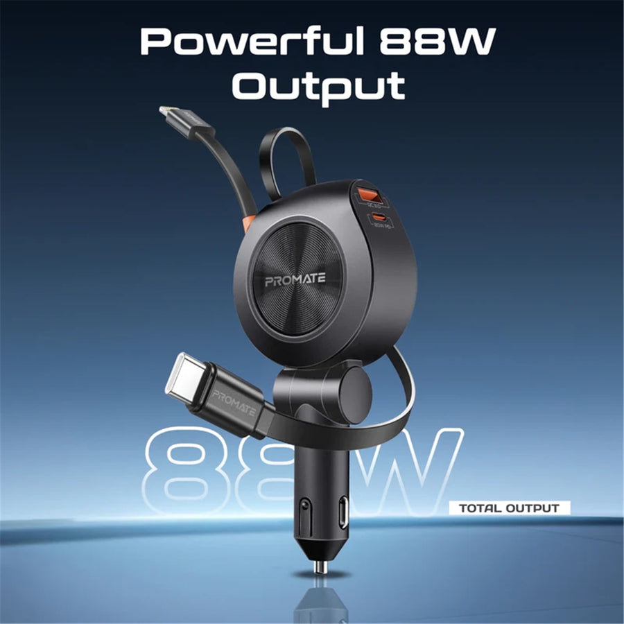 Promate DRIVEGEAR-R2 - 88W Multi-Port Incar Phone Charger w/ Dual Retractable USB-C & Lightning Cables. 20W