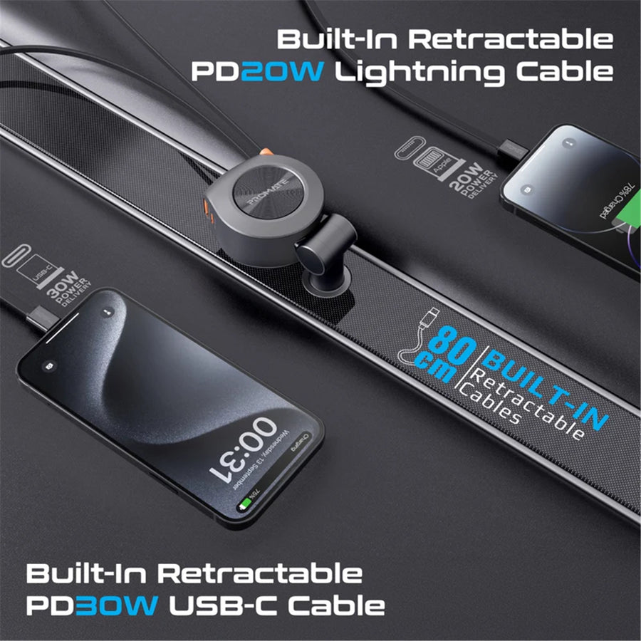Promate DRIVEGEAR-R2 - 88W Multi-Port Incar Phone Charger w/ Dual Retractable USB-C & Lightning Cables. 20W