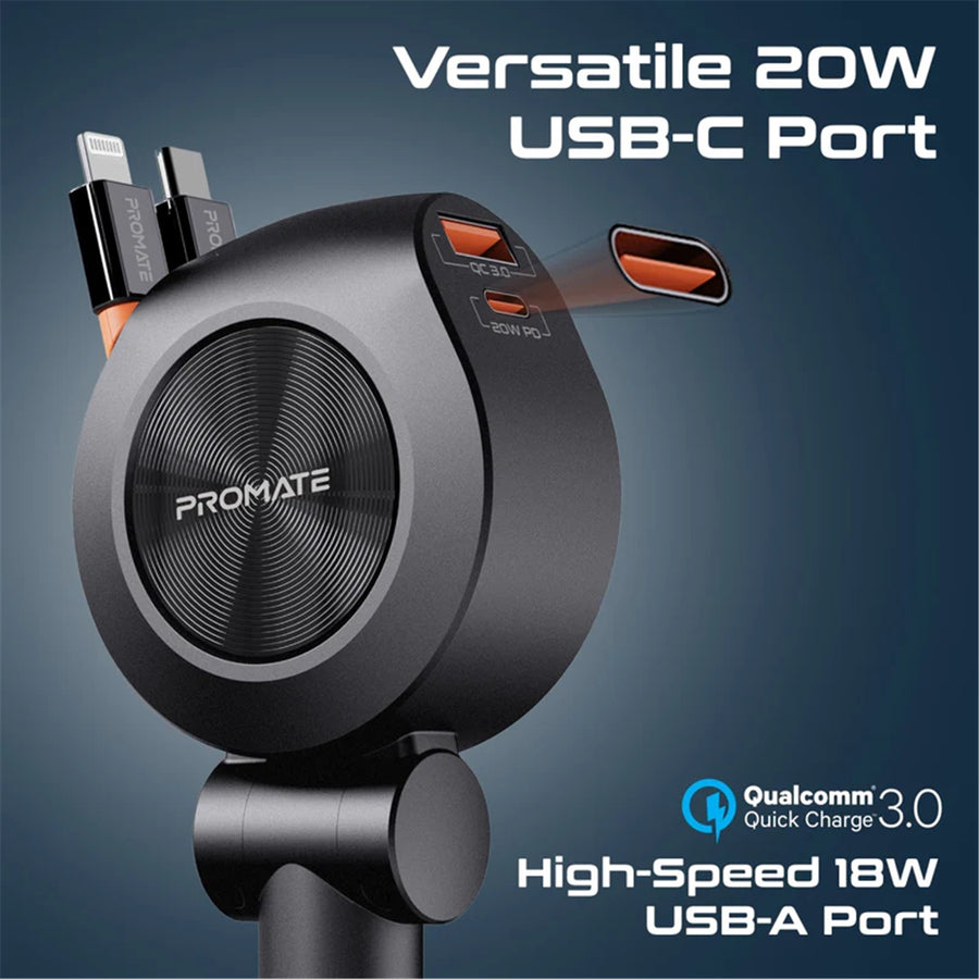 Promate DRIVEGEAR-R2 - 88W Multi-Port Incar Phone Charger w/ Dual Retractable USB-C & Lightning Cables. 20W