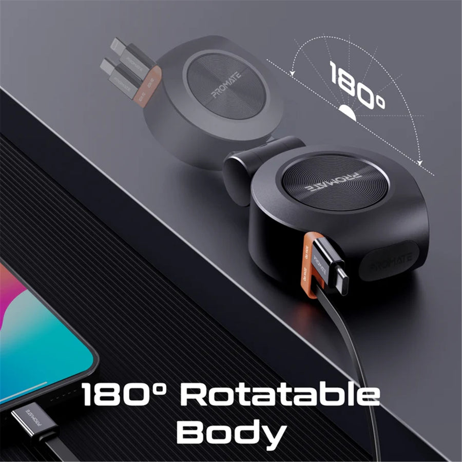Promate DRIVEGEAR-R2 - 88W Multi-Port Incar Phone Charger w/ Dual Retractable USB-C & Lightning Cables. 20W