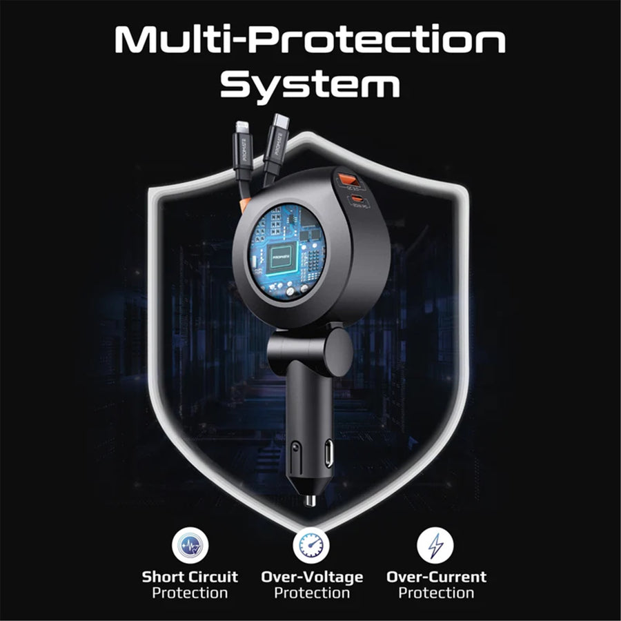 Promate DRIVEGEAR-R2 - 88W Multi-Port Incar Phone Charger w/ Dual Retractable USB-C & Lightning Cables. 20W