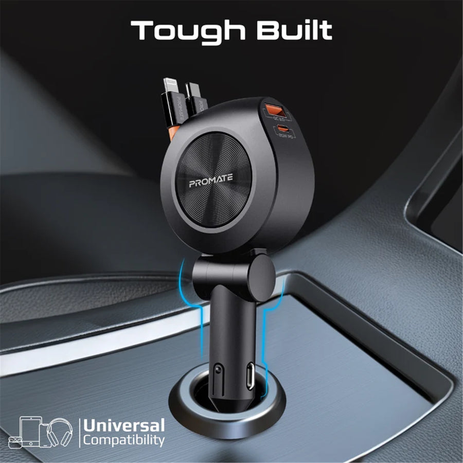 Promate DRIVEGEAR-R2 - 88W Multi-Port Incar Phone Charger w/ Dual Retractable USB-C & Lightning Cables. 20W