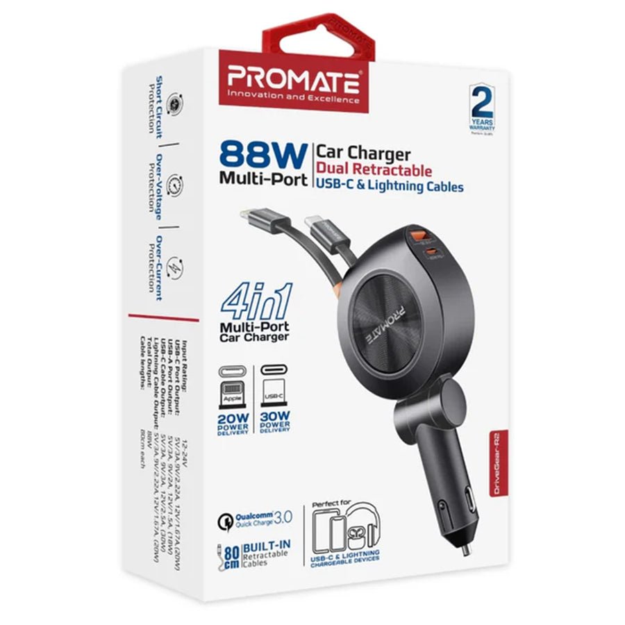 Promate DRIVEGEAR-R2 - 88W Multi-Port Incar Phone Charger w/ Dual Retractable USB-C & Lightning Cables. 20W