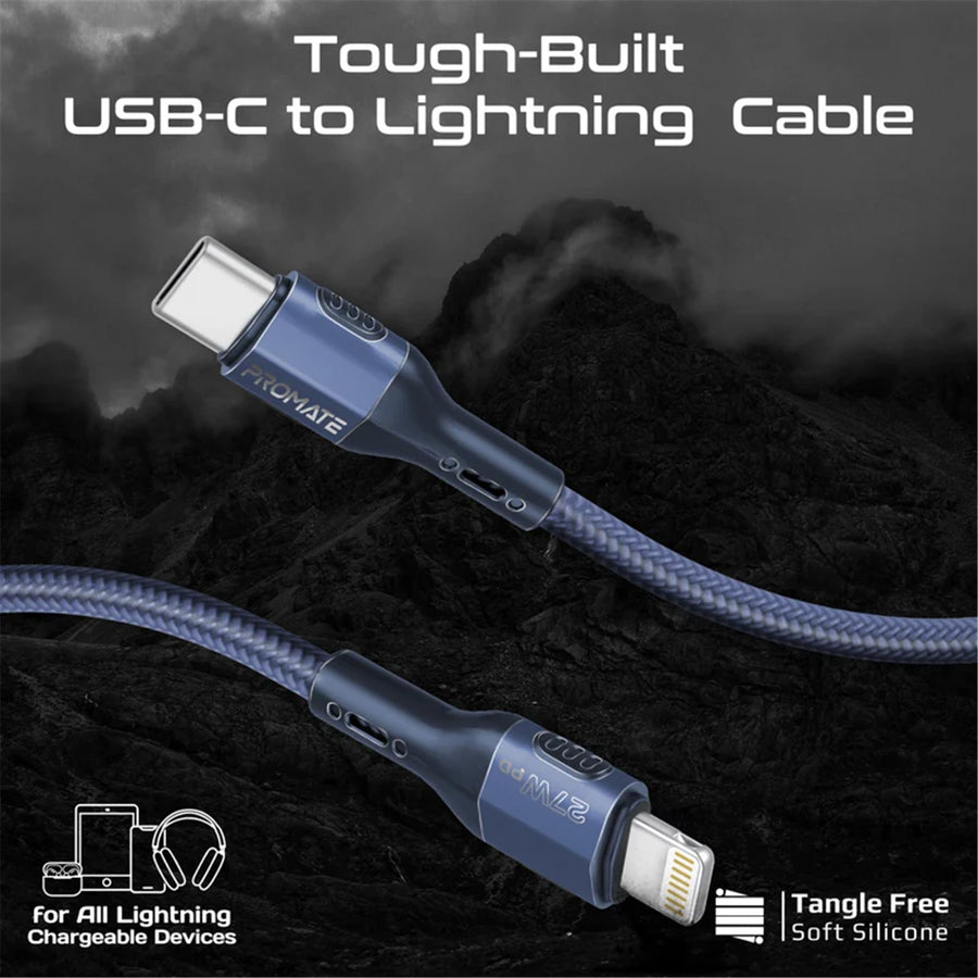 Promate FLETCHLINK-CI-BL - 1.2m 27W PD USB-C to Lightning Tough-Built Cable. Supports up to 480Mbps Slim