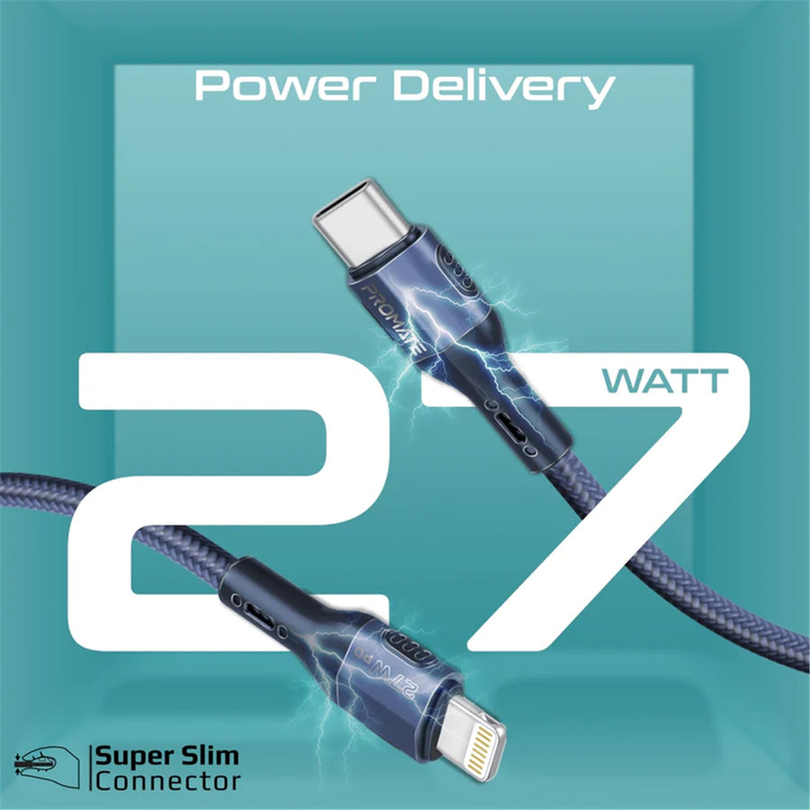 Promate FLETCHLINK-CI-BL - 1.2m 27W PD USB-C to Lightning Tough-Built Cable. Supports up to 480Mbps Slim