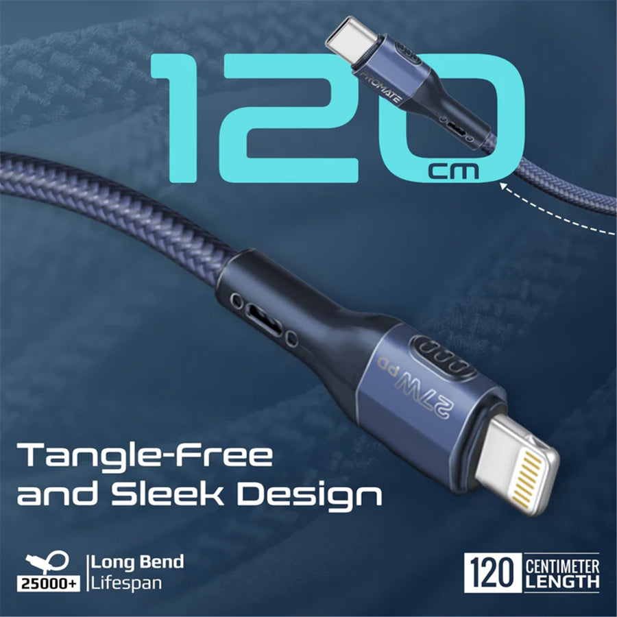 Promate FLETCHLINK-CI-BL - 1.2m 27W PD USB-C to Lightning Tough-Built Cable. Supports up to 480Mbps Slim
