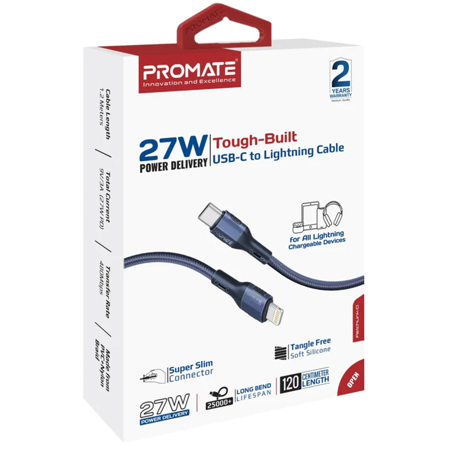 Promate FLETCHLINK-CI-BL - 1.2m 27W PD USB-C to Lightning Tough-Built Cable. Supports up to 480Mbps Slim