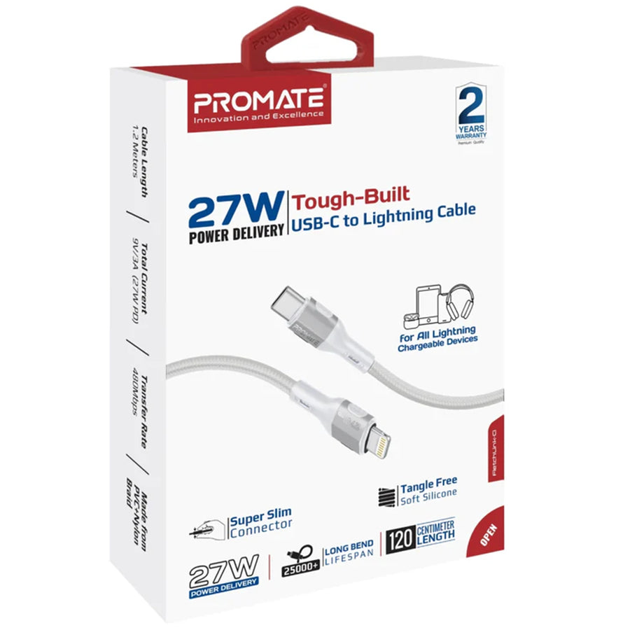 Promate FLETCHLINK-CI-GR - 1.2m 27W PD USB-C to Lightning Tough-Built Cable. Supports up to 480Mbps Slim