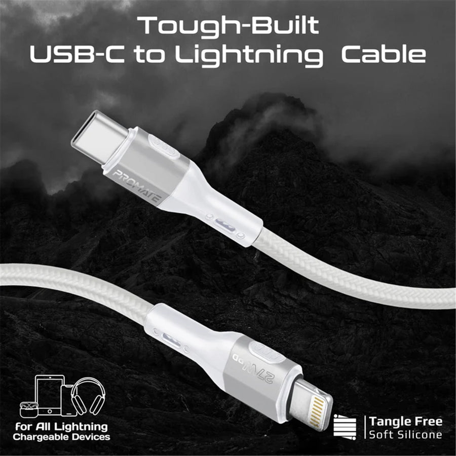Promate FLETCHLINK-CI-GR - 1.2m 27W PD USB-C to Lightning Tough-Built Cable. Supports up to 480Mbps Slim