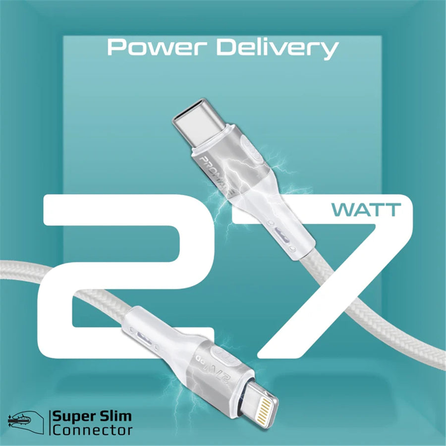 Promate FLETCHLINK-CI-GR - 1.2m 27W PD USB-C to Lightning Tough-Built Cable. Supports up to 480Mbps Slim