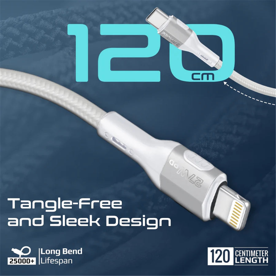 Promate FLETCHLINK-CI-GR - 1.2m 27W PD USB-C to Lightning Tough-Built Cable. Supports up to 480Mbps Slim