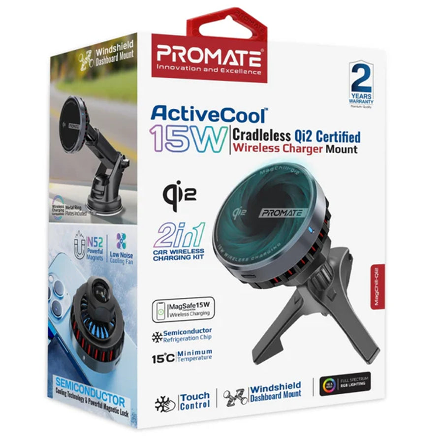 Promate MAGCHILL-QI2 - 15W ActiveCool Cradleless Qi2 Wireless Smartphone inCar Charger Mount. MagSafe
