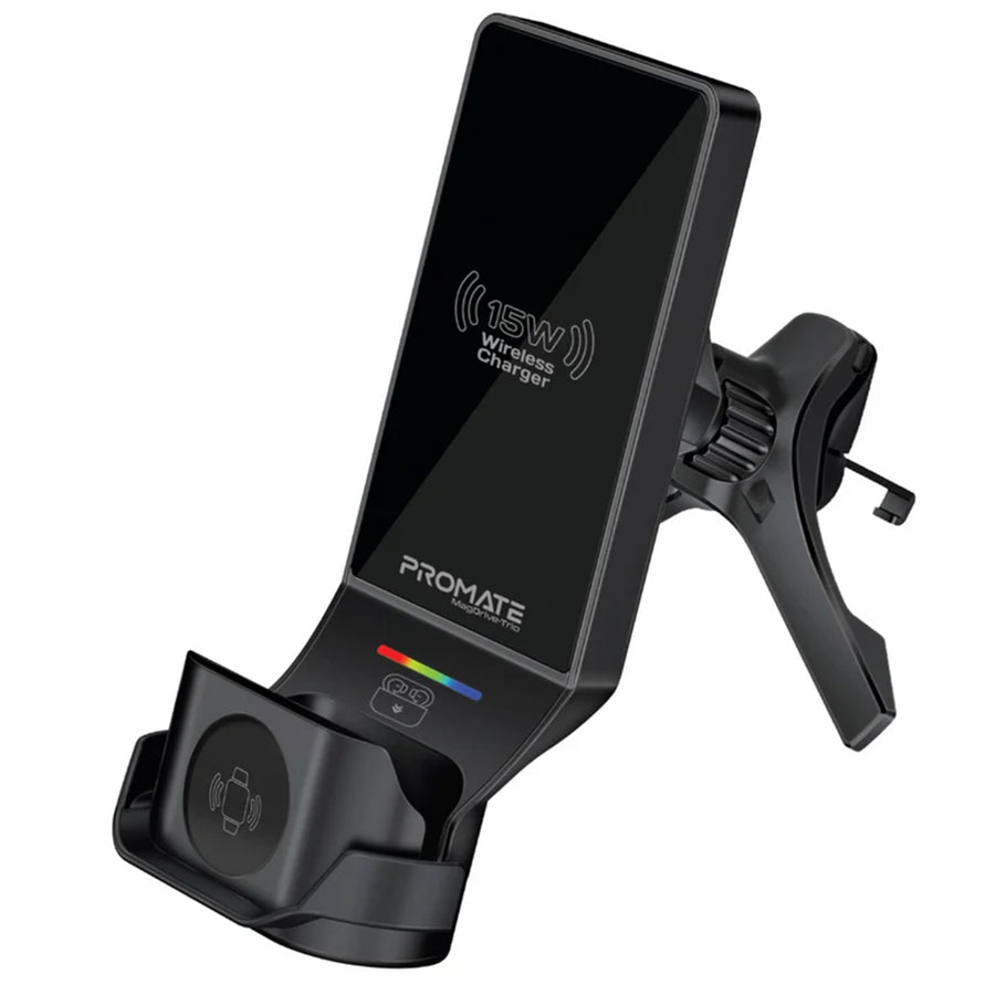 Promate  MAGDRIVE-TRIO 15W 3-in-1 MagSafe In Car Qi2 Phone Wireless Charging Station Mount - Black