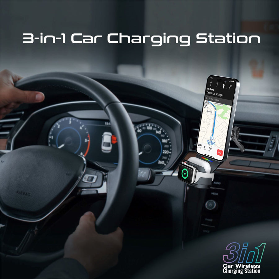Promate  MAGDRIVE-TRIO 15W 3-in-1 MagSafe In Car Qi2 Phone Wireless Charging Station Mount - Black