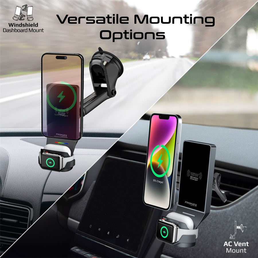 Promate MAGDRIVE-TRIO 15W 3-in-1 MagSafe Qi2 Handy kabellose Ladestation mit Halterung fürs Auto – Schwarz