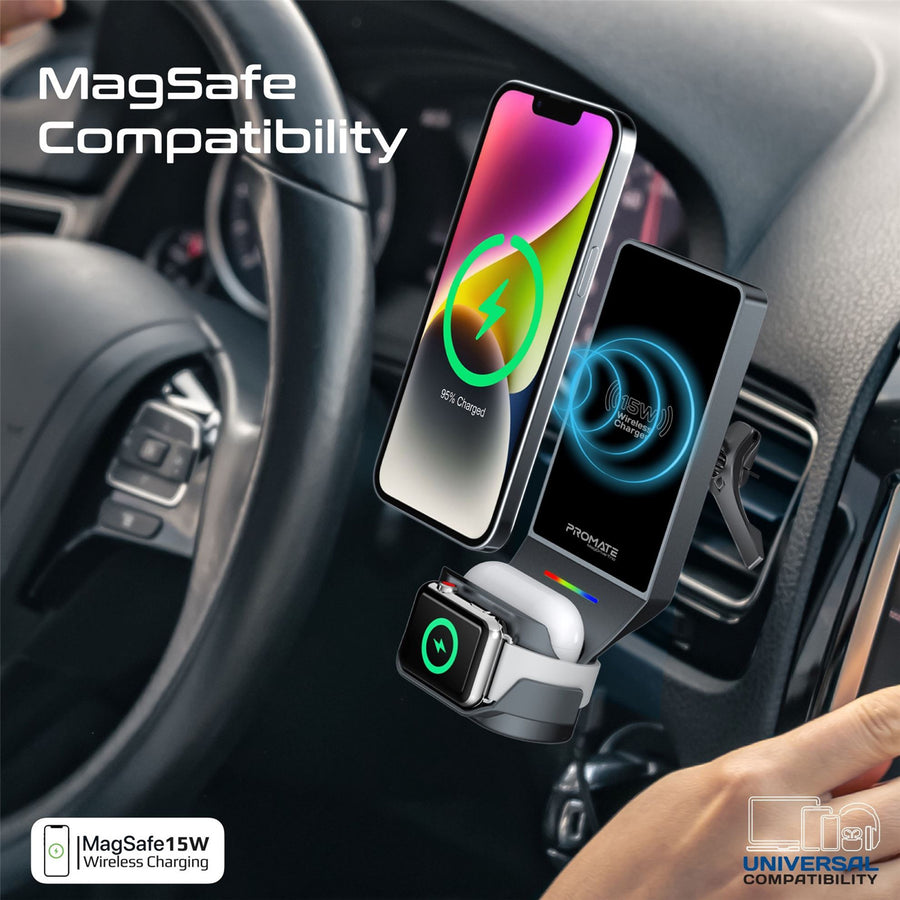 Promate MAGDRIVE-TRIO 15W 3-in-1 MagSafe Qi2 Handy kabellose Ladestation mit Halterung fürs Auto – Schwarz