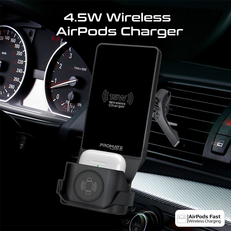 Promate  MAGDRIVE-TRIO 15W 3-in-1 MagSafe In Car Qi2 Phone Wireless Charging Station Mount - Black