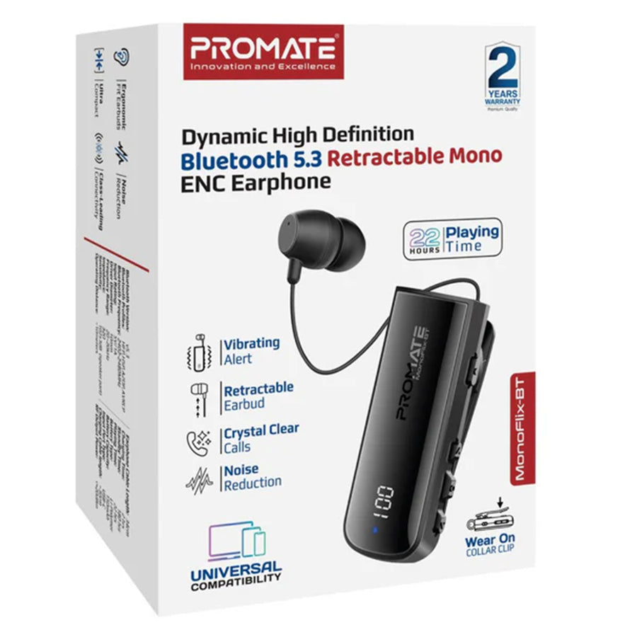 Promate MONOFLIX-BT - Mono Bluetooth Earphone w/ Dynamic HD Sound & Built-in Mic Retract Earphone