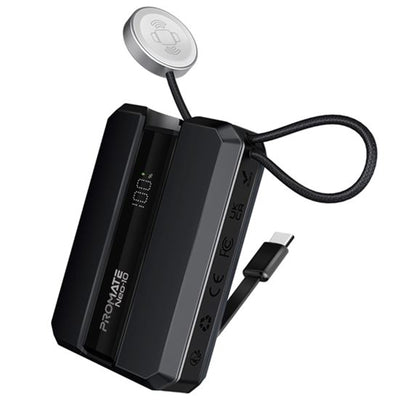 Promate NEO-10-BLK - 10000mAh 30W PD Ultra-Fast Power Bank w/ Built-in USB-C Cable & Apple Watch Charger