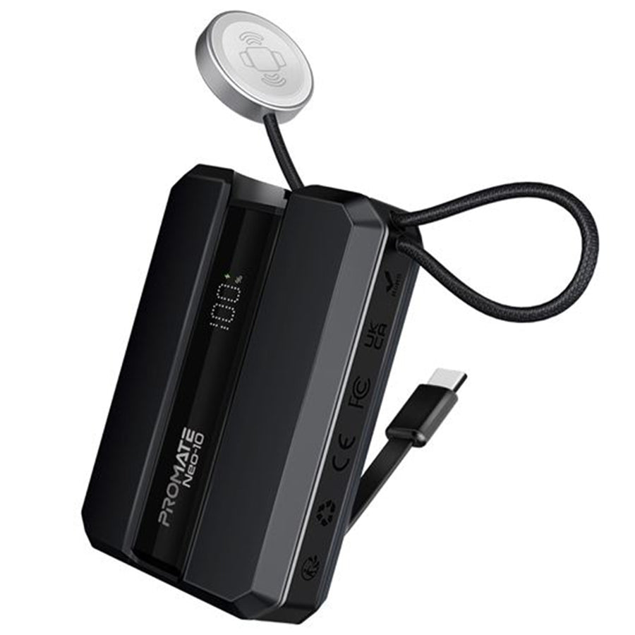Promate NEO-10-BLK - 10000mAh 30W PD Ultra-Fast Power Bank w/ Built-in USB-C Cable & Apple Watch Charger