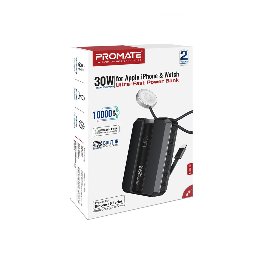 Promate NEO-10-BLK - 10000mAh 30W PD Ultra-Fast Power Bank w/ Built-in USB-C Cable & Apple Watch Charger