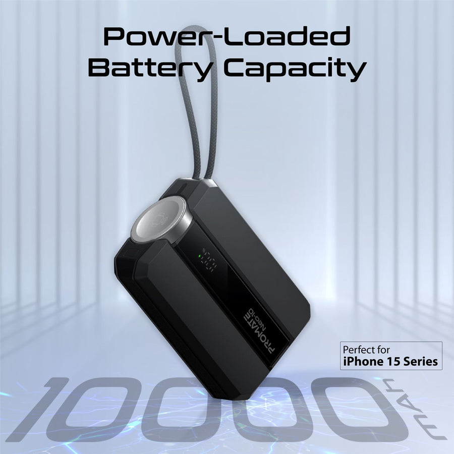 Promate NEO-10-BLK - 10000mAh 30W PD Ultra-Fast Power Bank w/ Built-in USB-C Cable & Apple Watch Charger