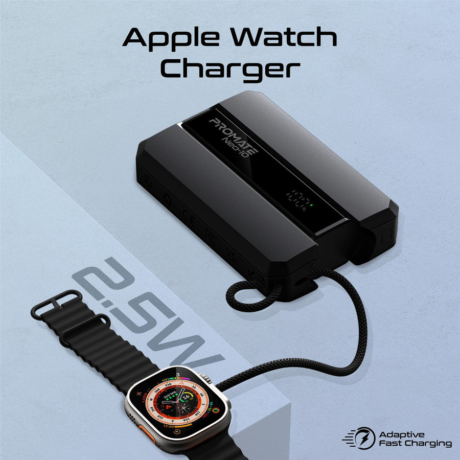 Promate NEO-10-BLK - 10000mAh 30W PD Ultra-Fast Power Bank w/ Built-in USB-C Cable & Apple Watch Charger