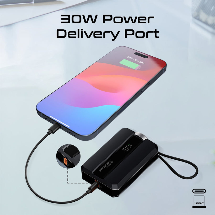 Promate NEO-10-BLK - 10000mAh 30W PD Ultra-Fast Power Bank w/ Built-in USB-C Cable & Apple Watch Charger