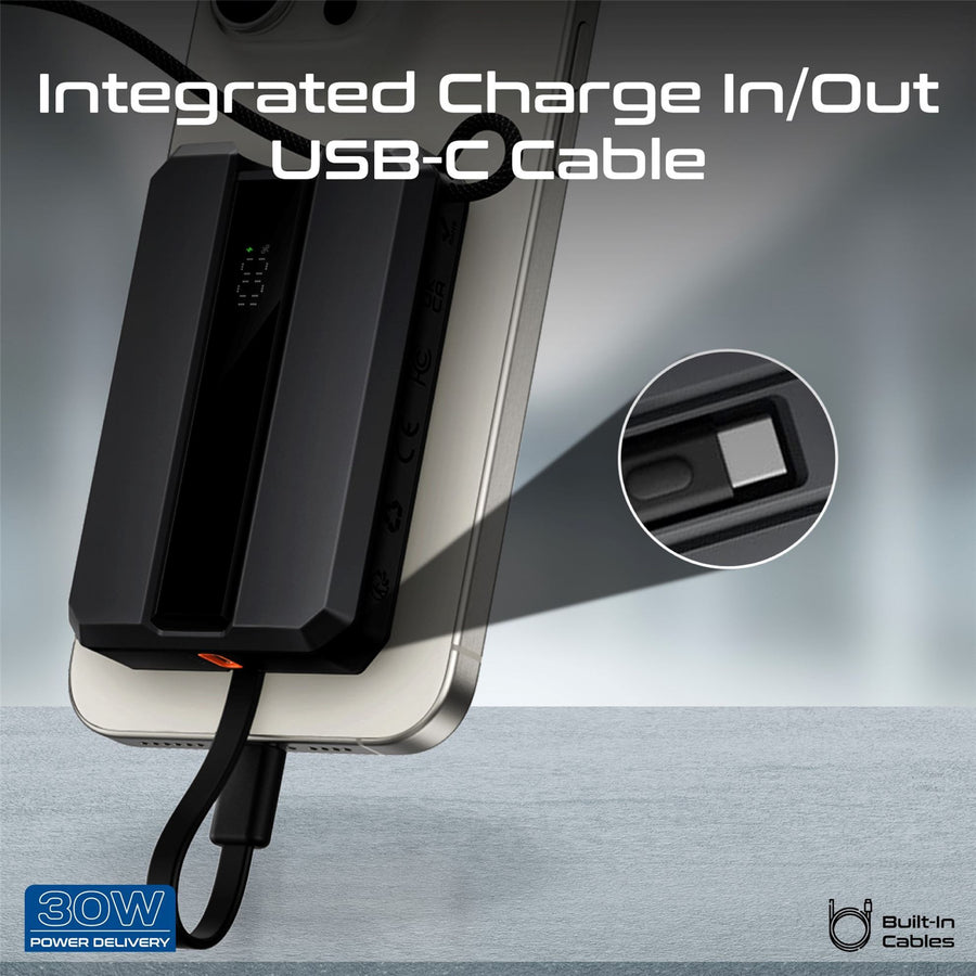 Promate NEO-10-BLK - 10000mAh 30W PD Ultra-Fast Power Bank w/ Built-in USB-C Cable & Apple Watch Charger