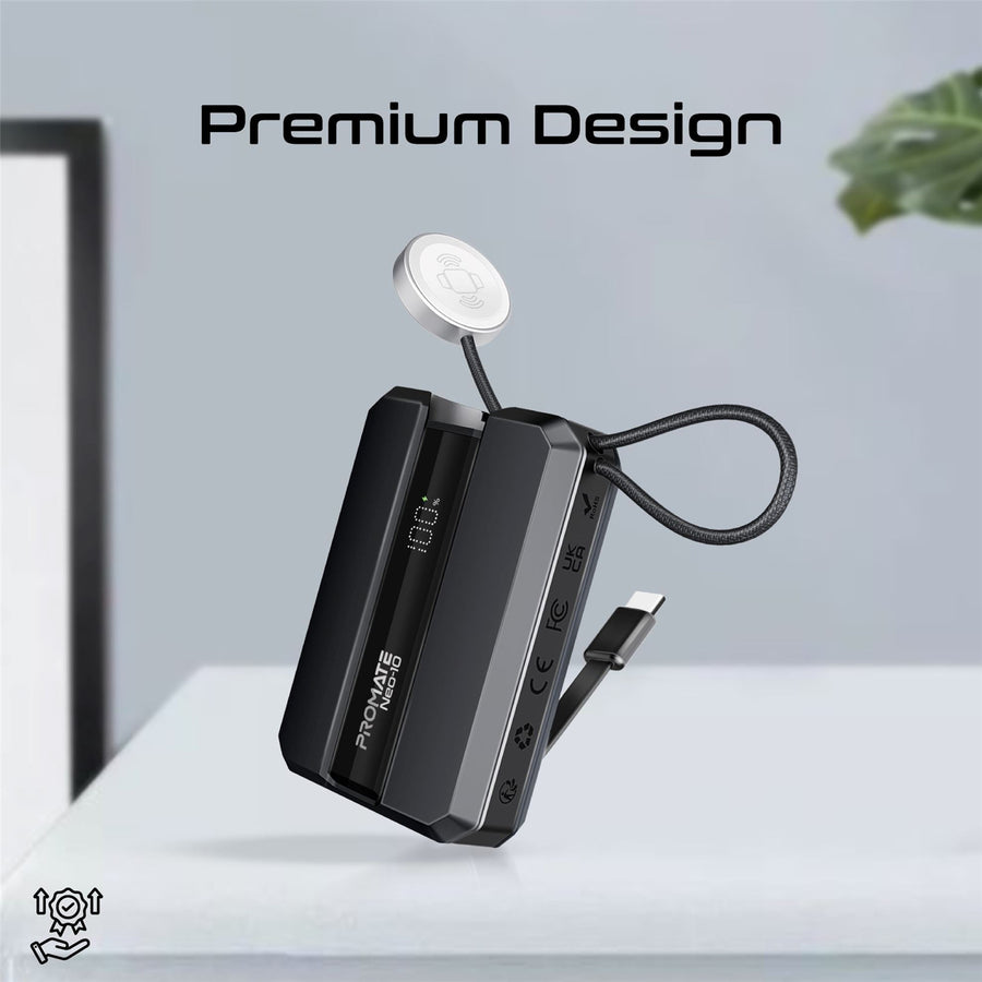 Promate NEO-10-BLK - 10000mAh 30W PD Ultra-Fast Power Bank w/ Built-in USB-C Cable & Apple Watch Charger