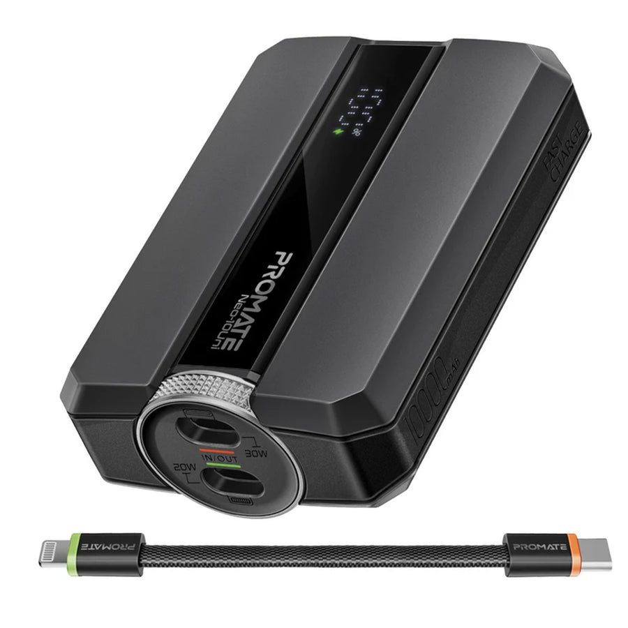 Promate NEO-10UNI-BLK - 10000mAh 30W PD Ultra-Fast Power Bank USB-C & Lightning Ports. Smart LED Screen