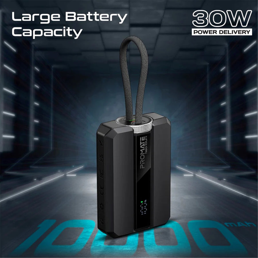 Promate NEO-10UNI-BLK - 10000mAh 30W PD Ultra-Fast Power Bank USB-C & Lightning Ports. Smart LED Screen