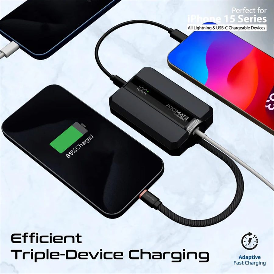 Promate NEO-10UNI-BLK - 10000mAh 30W PD Ultra-Fast Power Bank USB-C & Lightning Ports. Smart LED Screen