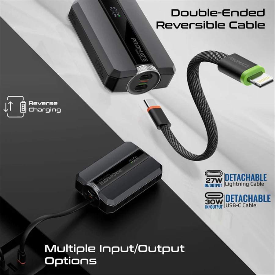 Promate NEO-10UNI-BLK - 10000mAh 30W PD Ultra-Fast Power Bank USB-C & Lightning Ports. Smart LED Screen