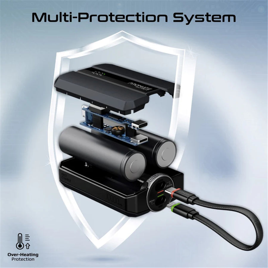 Promate NEO-10UNI-BLK - 10000mAh 30W PD Ultra-Fast Power Bank USB-C & Lightning Ports. Smart LED Screen
