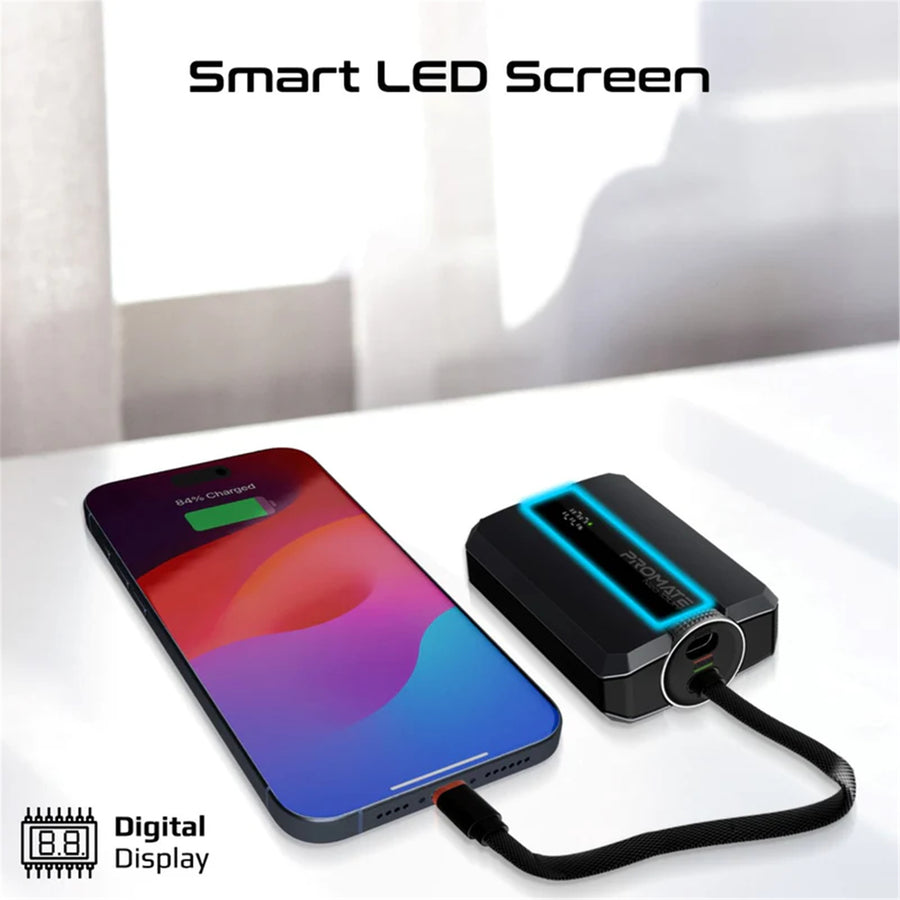 Promate NEO-10UNI-BLK - 10000mAh 30W PD Ultra-Fast Power Bank USB-C & Lightning Ports. Smart LED Screen
