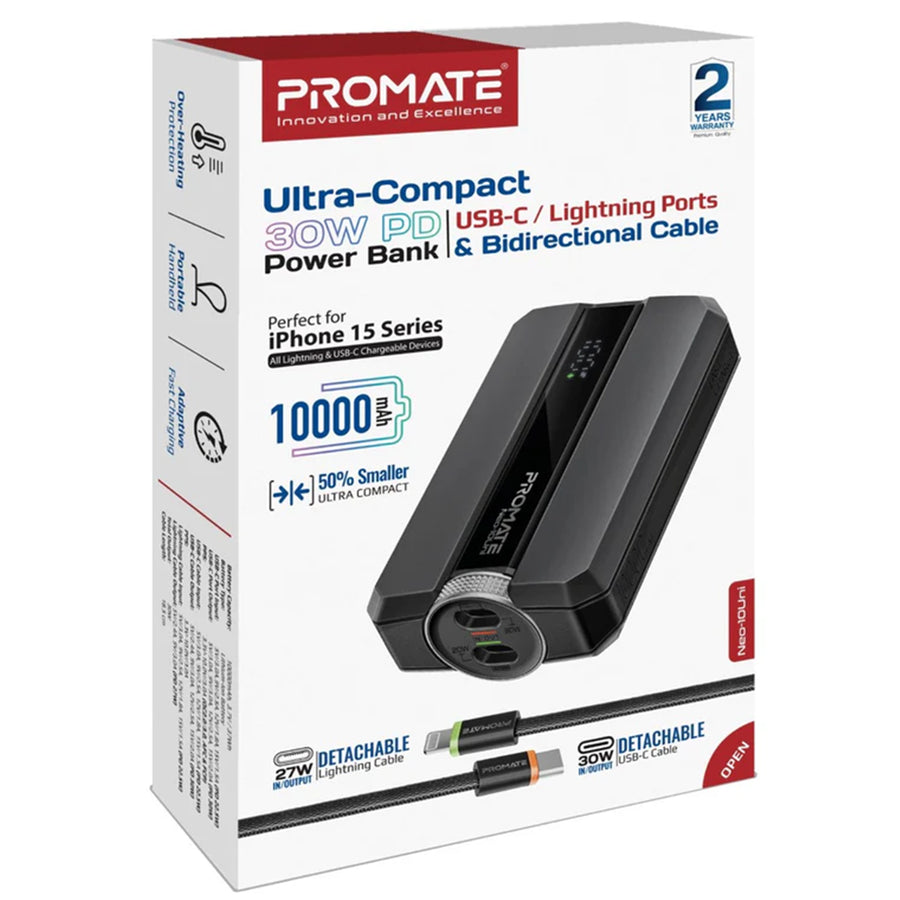 Promate NEO-10UNI-BLK - 10000mAh 30W PD Ultra-Fast Power Bank USB-C & Lightning Ports. Smart LED Screen