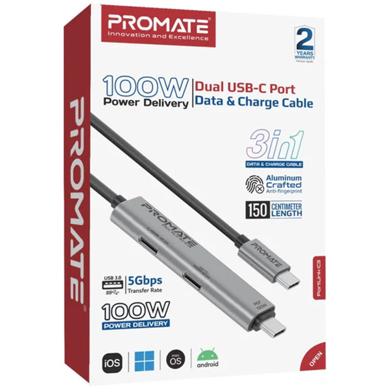 Promate  PORTLINK-C3 100W PD - 5Gbps USB-C Cable - 1.5m