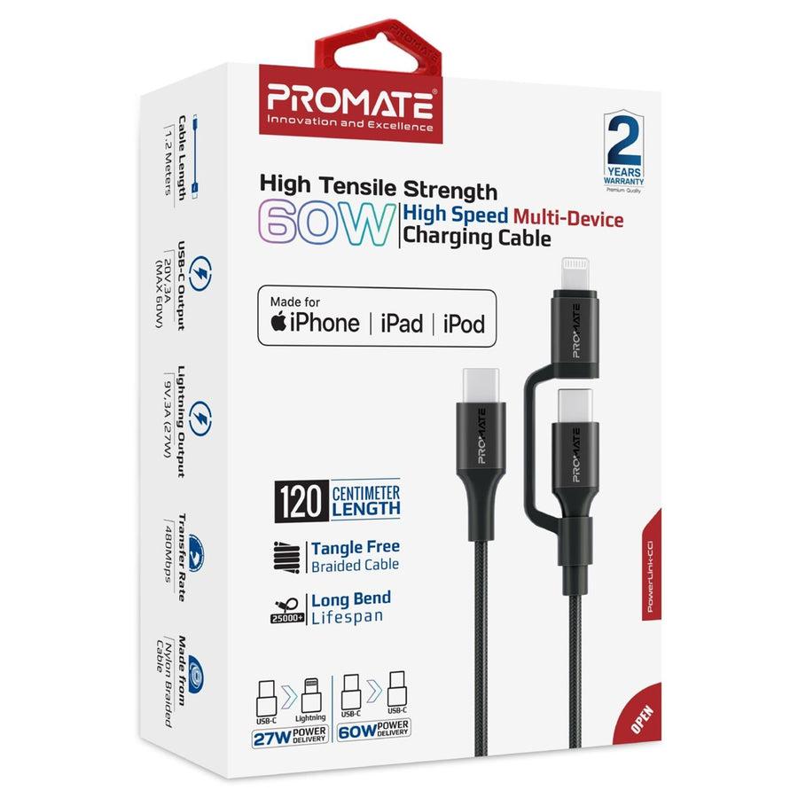 Promate  POWERLINK-CCI.BK MFi Certified - 60W PD - 480Mbps USB-C Multi-Connector Cable - 1.2m - Black