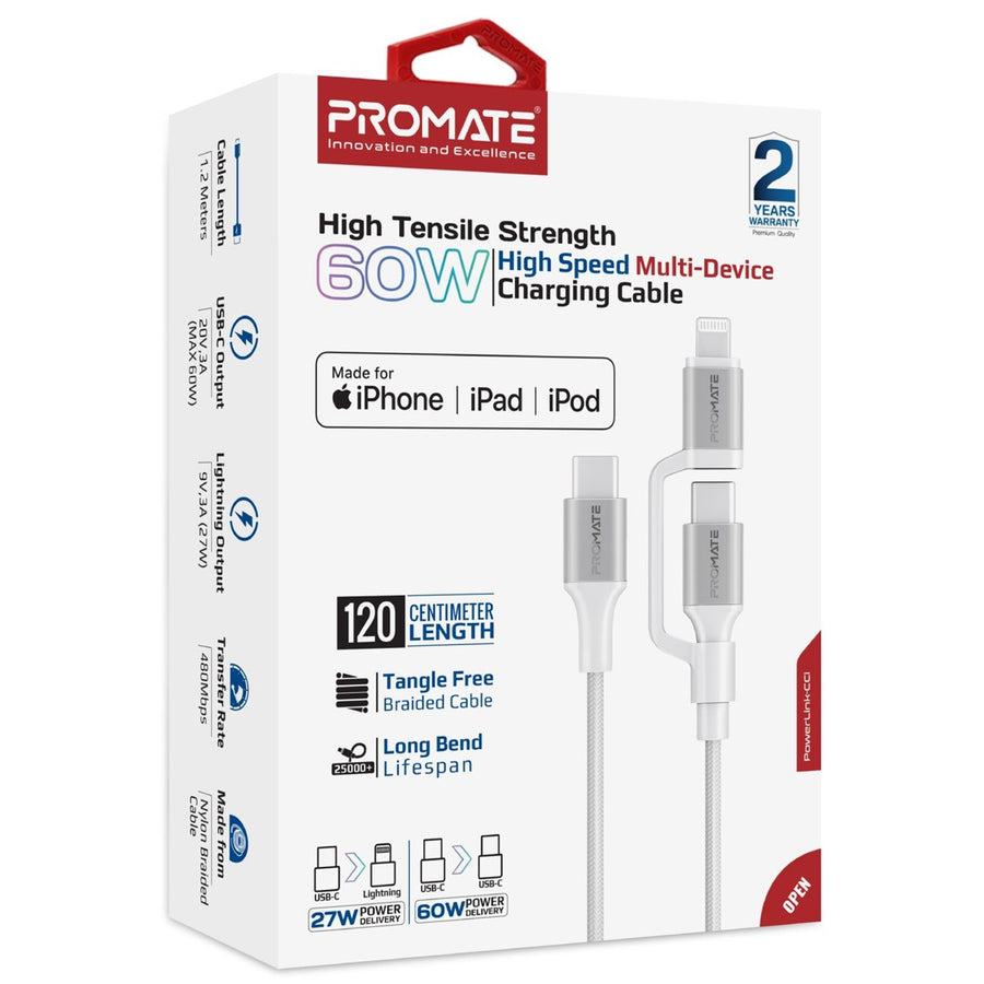 Promate POWERLINK-CCI-WT - 1.2m 60w MFi Certified 2-in-1 USB-C Sync & Charge 1x USB-C & 1x Lightning