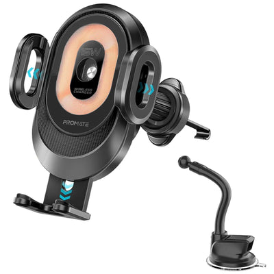 Promate POWERMOUNT-2 - Transparente, automatische Klemmung, kabellose 15W-Ladehalterung für das Auto. Für Geräte von 4,7-6,7 Zoll
